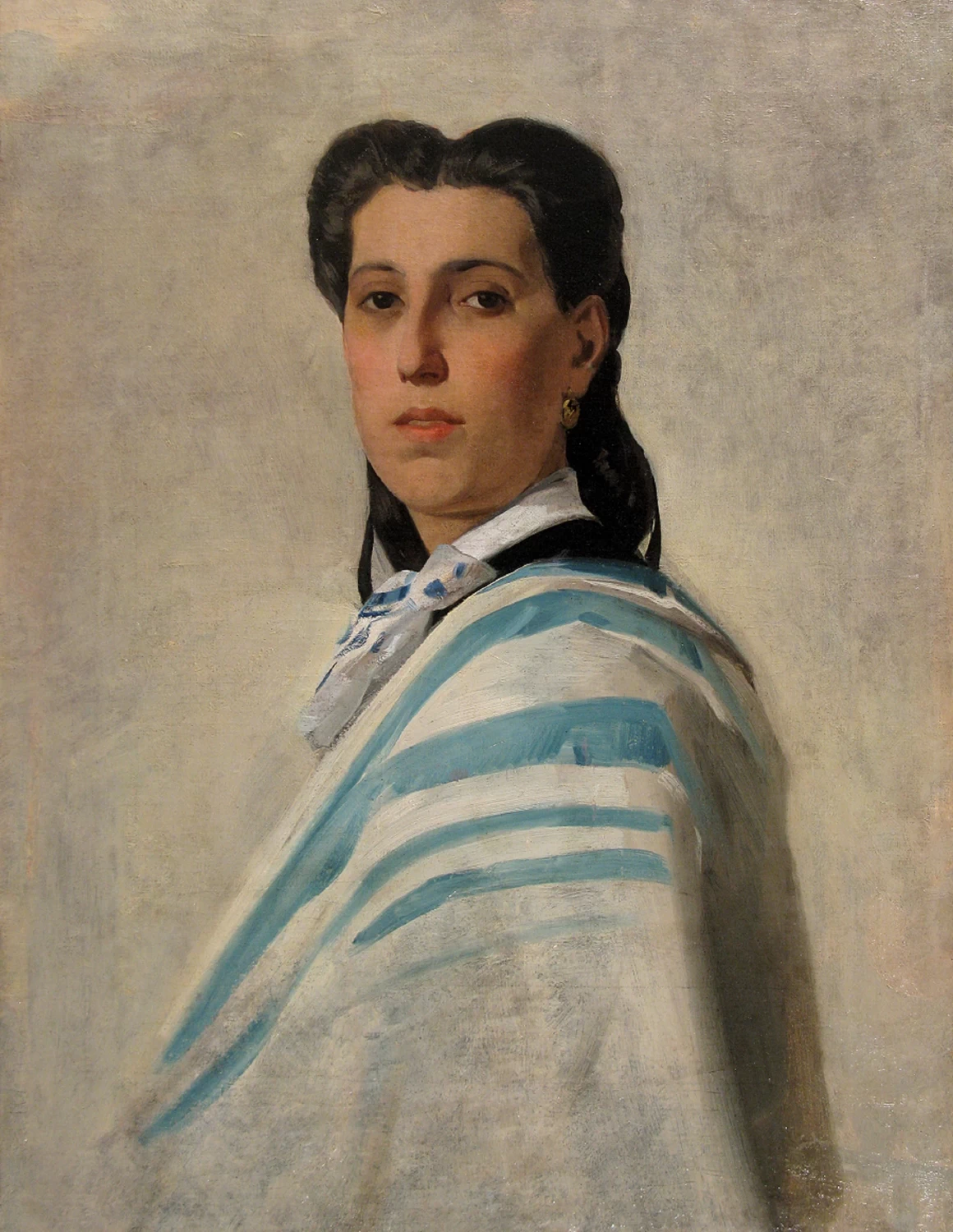 Ritratto femminile con drappo bianco - azzurro